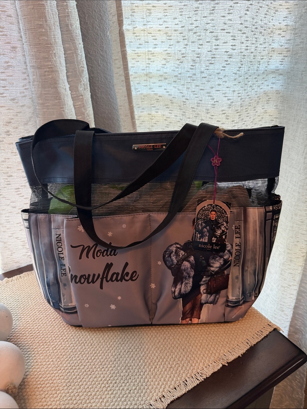 Nicole Lee Gray and Black Snowflake Print Tote